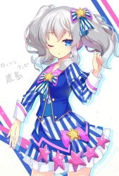 Rule 34 | 10s, 1girl, adapted costume, bad id, bad pixiv id, blue eyes, dress, kantai collection, kashima (kancolle), lawson, long hair, nyori, one eye closed, open mouth, silver hair, skirt, solo, twintails