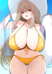 Rule 34 | 10eki (tenchou), 1girl, absurdres, bare shoulders, beach, bikini, blue archive, blue sky, blush, breasts, cleavage, collarbone, green eyes, halo, hat, highres, huge breasts, innertube, long hair, looking at viewer, navel, nonomi (blue archive), nonomi (swimsuit) (blue archive), sidelocks, sky, smile, solo, sun hat, swept bangs, swim ring, swimsuit, thighs, white hat, yellow bikini