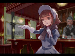 Rule 34 | 1boy, 1girl, bar (place), bartender, beatrice (princess principal), blurry, blurry background, bonnet, bottle, brown hair, candle, dress, facial hair, gloves, grey dress, grey hair, grey scarf, hand up, indoors, letterboxed, open mouth, outstretched hand, princess principal, sankyo (821-scoville), scarf, sparkle, vest, white gloves