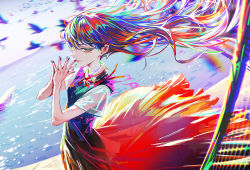 Rule 34 | 1girl, absurdres, dress, eyebrows, eyelashes, female focus, fingernails, floating hair, gradient clothes, gradient dress, gradient eyes, gradient hair, highres, lips, long hair, looking at viewer, looking to the side, mole, mole under eye, multicolored clothes, multicolored eyes, multicolored hair, nababa, nail polish, original, outdoors, own hands clasped, own hands together, parted lips, smirk, solo, upper body, very long hair, wind