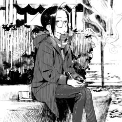 Rule 34 | 1girl, coat, commentary request, glasses, greyscale, kondoo, monochrome, original, outdoors, pants, scarf, short hair, short ponytail, sitting, sketch, smoke, smoking, smoking pipe, solo