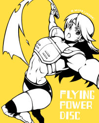 Rule 34 | 1girl, abs, armor, artist name, character name, frisbee, headband, leg armor, long hair, midriff, mita hiromi, monochrome, open mouth, shoulder pads, thighhighs, throwing, windjammers, yellow background