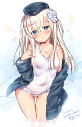 Rule 34 | 1girl, black jacket, blonde hair, blue eyes, blush, cowboy shot, dated, garrison cap, gluteal fold, hat, highres, jacket, kantai collection, long hair, long sleeves, one-piece swimsuit, one-piece tan, puffy long sleeves, puffy sleeves, sasachin (k+w), school swimsuit, signature, smile, solo, swimsuit, swimsuit under clothes, tan, tanline, thigh gap, twitter username, u-511 (kancolle), white background, white school swimsuit, white one-piece swimsuit