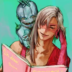 Rule 34 | 1boy, :d, baby face (stand), blonde hair, book, gloves, green background, grin, highres, holding, holding book, jojo no kimyou na bouken, lips, long hair, male focus, melone, meron nouka, open mouth, pink gloves, reading, sharp teeth, smile, solo, stand (jojo), teeth, upper body, vento aureo