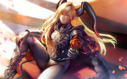 Rule 34 | 1girl, armor, black bodysuit, blonde hair, bodysuit, cape, fate/grand order, fate (series), flower, greaves, highres, horns, kankitsurui (house of citrus), long hair, nero claudius (fate), nero claudius (fate) (all), pointy ears, queen draco (fate), queen draco (third ascension) (fate), red eyes, red flower, red rose, rose, signature, sitting, sitting on stairs, smile, stairs