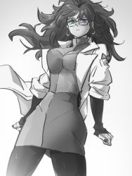 Rule 34 | 1girl, android 21, blue eyes, breasts, checkered clothes, checkered dress, dragon ball, dragon ball fighterz, dress, earrings, glasses, grey background, greyscale, hoop earrings, jewelry, kemachiku, lab coat, long hair, looking at viewer, medium breasts, monochrome, red ribbon army, simple background, solo