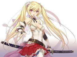 Rule 34 | 1girl, 47agdragon, bare shoulders, belt, blonde hair, breasts, covered navel, cowboy shot, detached collar, fang, flower, hair flower, hair ornament, impossible clothes, impossible shirt, katana, long hair, looking at viewer, original, pink eyes, pleated skirt, scabbard, sheath, shirt, skirt, small breasts, smile, solo, sword, thighhighs, twintails, vambraces, weapon, white thighhighs