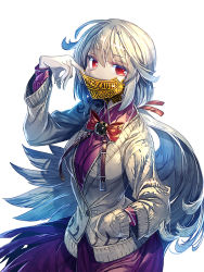Rule 34 | 1girl, alternate costume, ball gag, bow, bowtie, breasts, cardigan, caution tape, covered mouth, covering own mouth, dress, gag, gagged, hair ribbon, hand in pocket, kishin sagume, large breasts, legacy of lunatic kingdom, long hair, long sleeves, looking at viewer, low ponytail, red eyes, ribbon, short hair, silver hair, simple background, single wing, solo, touhou, vest, white background, wings, zounose