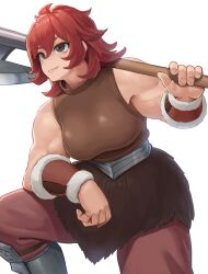 Rule 34 | axe, bare shoulders, breasts, brown eyes, dungeon meshi, dwarf, fur skirt, highres, holding, holding weapon, large breasts, looking afar, muscular, muscular female, namari (dungeon meshi), over shoulder, pants, pants under skirt, ranma (kamenrideroz), red hair, simple background, sleeveless, weapon, weapon over shoulder, white background