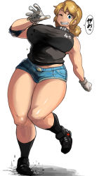 Rule 34 | 1girl, bare shoulders, black socks, blonde hair, blue eyes, blush, breasts, cleats, crushing, curvy, elbow pads, full body, giant, giantess, gloves, grin, highres, hunter rank e, large breasts, looking at viewer, medium hair, one eye closed, original, ponytail, shirt, short ponytail, short shorts, shorts, sleeveless, sleeveless shirt, smile, socks, solo, sportswear, thick thighs, thighs, translated