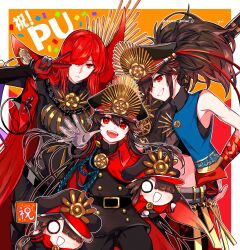 Rule 34 | asymmetrical clothes, black bodysuit, bodysuit, buster shirt, cape, chain, cloak, collared cape, crest, family crest, fate/grand order, fate (series), fiery hair, hair over one eye, hat, highres, long hair, medallion, military hat, multiple persona, oda kippoushi (fate), oda nobunaga (fate), oda nobunaga (maou avenger) (fate), oda uri, official alternate hair color, peaked cap, ponytail, red cape, red cloak, red eyes, red hair, single sleeve, tight top, yui (tamagohan)
