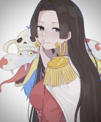 Rule 34 | 1girl, animal, black hair, blue eyes, cape, commentary request, earrings, epaulettes, highres, hime cut, jewelry, looking at viewer, one piece, sa wint, salome (one piece), simple background, snake, snake earrings, white background, white cape