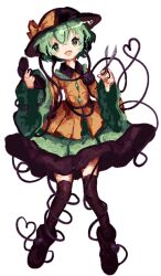 Rule 34 | 1girl, blush, bow, bowler hat, collar, collared shirt, crossed bangs, frilled collar, frilled sleeves, frills, full body, green eyes, green hair, green skirt, hat, hat bow, heart, heart-shaped pupils, heart of string, highres, holding, holding phone, holding scissors, knees together feet apart, komeiji koishi, phone, rrrssr, scissors, shirt, short hair, skirt, smile, symbol-shaped pupils, thighhighs, third eye, touhou, transparent background, wide sleeves, yellow bow, yellow shirt