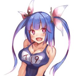 Rule 34 | 1girl, :d, bare shoulders, blue hair, blue one-piece swimsuit, blush, bow, breast press, breasts, character name, cleavage, commentary request, fang, fumikiri, gradient hair, hair bow, headgear, i-19 (kancolle), kantai collection, large breasts, long hair, looking at viewer, multicolored hair, name tag, one-hour drawing challenge, one-piece swimsuit, open mouth, pink hair, red eyes, school swimsuit, simple background, smile, solo, star-shaped pupils, star (symbol), swimsuit, symbol-shaped pupils, twintails, upper body, white background