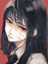 Rule 34 | 1girl, absurdres, black hair, blank stare, bonjindaaa, chainsaw man, cross scar, expressionless, facial scar, head tilt, highres, long hair, looking at viewer, red eyes, ringed eyes, scar, scar on cheek, scar on face, simple background, solo, two-tone background, yoru (chainsaw man)