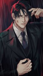 Rule 34 | 1boy, black hair, black jacket, black suit, blood, blood on face, blue eyes, blue necktie, boooshow, closed mouth, collared shirt, formal, fujieda ryo, glasses, hand up, highres, jacket, long sleeves, looking at viewer, male focus, necktie, rain, shirt, short hair, slow damage, solo, suit, suit jacket, upper body, waistcoat, wet, wet clothes, wet hair, white shirt