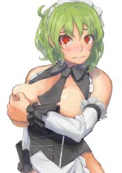 Rule 34 | 1girl, alternate costume, apron, autumn box (art1127), bad id, bad pixiv id, black necktie, blush, breast hold, breasts, corset, covering privates, covering breasts, detached collar, detached sleeves, embarrassed, enmaided, green eyes, green hair, kazami yuuka, large breasts, looking at viewer, maid, maid apron, maid headdress, matching hair/eyes, naked apron, necktie, red eyes, simple background, slit pupils, solo, touhou, upper body, white background