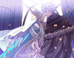 Rule 34 | 1boy, 1girl, anastasia (fate), closed eyes, commentary request, crown, dress, fate/grand order, fate (series), fur trim, hair over one eye, hairband, holding hands, jacket, jewelry, kadoc zemlupus, long hair, looking at another, ribbon, royal robe, silver hair, tsengyun, very long hair, yellow eyes