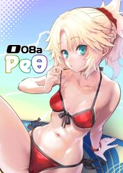 Rule 34 | 1girl, bikini, blonde hair, breasts, fate/apocrypha, fate/grand order, fate (series), front-tie bikini top, front-tie top, green eyes, hair ornament, hair scrunchie, highres, looking at viewer, mordred (fate), mordred (fate) (all), mordred (swimsuit rider) (fate), mordred (swimsuit rider) (second ascension) (fate), mozu (peth), navel, ponytail, red bikini, red scrunchie, scrunchie, side-tie bikini bottom, sitting, small breasts, solo, swimsuit