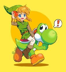 Rule 34 | !, 1boy, apple, arm up, belt, belt buckle, blonde hair, blue eyes, boots, bracer, brown belt, brown footwear, buckle, commentary, dated, english commentary, food, fruit, full body, green headwear, green tunic, hat, highres, holding, holding food, holding fruit, link, long sleeves, mario (series), nintendo, open mouth, orange footwear, pants, pointy ears, riding, rutiwa, shadow, shoes, short hair, sidelocks, simple background, speech bubble, spoken exclamation mark, the legend of zelda, tunic, two-tone background, wavy mouth, white pants, yellow background, yoshi