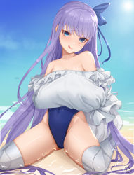 Rule 34 | 1girl, bare shoulders, blue eyes, blue ribbon, blush, closed mouth, collarbone, commentary request, fate/grand order, fate (series), hair ribbon, highres, long hair, long sleeves, looking at viewer, meltryllis, meltryllis (fate), meltryllis (swimsuit lancer) (fate), meltryllis (swimsuit lancer) (second ascension) (fate), navel, purple hair, ribbon, sitting, sleeves past fingers, sleeves past wrists, smile, solo, swimsuit, tongue, tongue out, very long hair, water, wei xiao