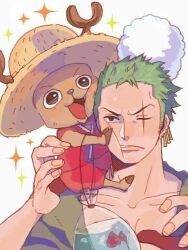 Rule 34 | 2boys, male focus, multiple boys, one piece, roronoa zoro, simple background, standing, tagme, tony tony chopper, white background