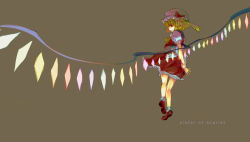 Rule 34 | 1girl, ascot, beige background, blonde hair, blouse, crystal, demon wings, dress, female focus, flandre scarlet, frills, full body, hat, hat ribbon, large wings, mob cap, puffy short sleeves, puffy sleeves, rainbow order, red dress, red eyes, ribbon, shirt, shoes, short hair, short sleeves, side ponytail, simple background, smile, socks, solo, standing, text focus, touhou, white hat, white shirt, white socks, wings, yukizen