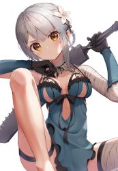 Rule 34 | 1girl, bandages, highres, kaine (nier), lingerie, looking at viewer, nier, nier (series), sitting, solo, sword, thigh strap, underwear, usami (usami l), weapon, white hair, yellow eyes