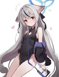 Rule 34 | 1girl, animal ears, bag, bare shoulders, baseatoz, blue archive, blush, breasts, brown eyes, covered navel, flying sweatdrops, grey hair, hair ribbon, halo, heart, highres, jacket, kokona (blue archive), long hair, multicolored hair, off shoulder, ribbon, shoulder bag, simple background, small breasts, solo, streaked hair, very long hair, white background