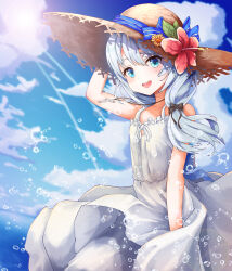 Rule 34 | 1girl, :d, bare shoulders, black bow, blue eyes, blue sky, bow, cloud, cloudy sky, dress, hair bow, hat, highres, honkai (series), honkai impact 3rd, kiwi1358, long hair, looking at viewer, open mouth, outdoors, sky, sleeveless, sleeveless dress, smile, solo, straw hat, summer, sun, sundress, theresa apocalypse, white dress, white hair