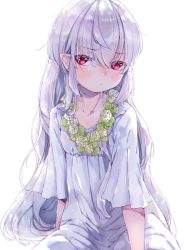 Rule 34 | 1girl, backlighting, blush, commentary request, dress, flat chest, flower wreath, looking at viewer, mutou mato, original, pointy ears, red eyes, simple background, sketch, solo, white background, white dress, white hair, wreath