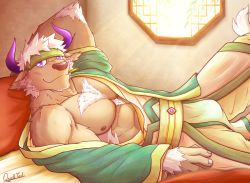 Rule 34 | 1boy, abs, alternate costume, animal ears, arm behind head, bara, bare pectorals, brown fur, bulge, chest hair, costume request, cow ears, cow horns, furry, furry male, headband, highres, horns, large pectorals, looking at viewer, lying, male focus, male pubic hair, minotaur, muscular, muscular male, nipples, on back, on bed, open clothes, pectorals, pelvic curtain, pubic hair, purple eyes, purple horns, quill-tail, shennong (housamo), short hair, solo, sunlight, thighs, tokyo houkago summoners, white hair, window