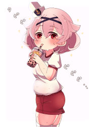 Rule 34 | 1girl, aylwin (azur lane), azur lane, blush, breasts, bubble tea, closed mouth, commentary request, cup, disposable cup, drinking, drinking straw, drinking straw in mouth, from side, gym shorts, gym uniform, hair between eyes, hat, highres, horoyuki (gumizoku), looking at viewer, medium breasts, medium hair, muffin top, navel, pink hair, plump, red eyes, sailor hat, shirt, shorts, solo, sparkle, sweat, thighhighs, white shirt, white thighhighs