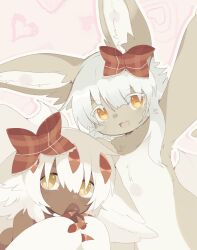 Rule 34 | 1girl, 1other, abstract background, animal ears, bow, bowtie, brown fur, faputa, furry, furry female, heart, heart background, highres, made in abyss, monster girl, nanachi (made in abyss), open mouth, red bow, red bowtie, selfie, smile, tatososu, yellow eyes