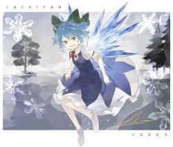 Rule 34 | 1girl, ahoge, blue dress, blue eyes, blue hair, cirno, dress, fairy, grin, hair ribbon, ice, ice wings, looking at viewer, ribbon, shihou (g-o-s), short hair, signature, smile, snowflakes, solo, touhou, tree, wings