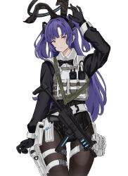 Rule 34 | 1girl, animal ears, black bow, black bowtie, black gloves, black leotard, black pantyhose, blue archive, bow, bowtie, bulletproof vest, closed mouth, collared shirt, fake animal ears, gloves, gun, hair ornament, halo, highres, leotard, long hair, long sleeves, looking at viewer, mutugorou u, pantyhose, playboy bunny, purple eyes, purple hair, shirt, simple background, solo, submachine gun, tactical playboy bunny, twintails, walkie-talkie, weapon, white background, yuuka (blue archive)