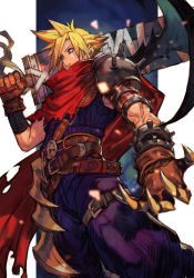 Rule 34 | 1boy, armor, belt, blue eyes, brown belt, brown gloves, cape, claws, cloud strife, final fantasy, final fantasy vii, gloves, holding, holding sword, holding weapon, huge weapon, hungry clicker, kingdom hearts, male focus, multiple belts, pants, parted lips, pauldrons, purple pants, red cape, shoulder armor, shoulder spikes, single pauldron, single wing, solo, spikes, square enix, standing, sword, weapon, wings