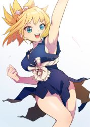 Rule 34 | 1girl, abiko yuuji, arm up, armpits, bare shoulders, black dress, blonde hair, blue eyes, breasts, clenched hand, commentary request, dr. stone, dress, hair ornament, highres, kohaku (dr. stone), large breasts, legs, long hair, looking at viewer, medium breasts, open mouth, ponytail, rope, rope belt, simple background, sleeveless, sleeveless dress, solo, teeth, upper teeth only, white background