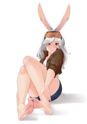 Rule 34 | 1girl, animal ears, barefoot, blouse, blue eyes, blush, commission, eyes visible through hair, eyewear on head, feet, foot focus, foreshortening, full body, hair over one eye, highres, jacket, long hair, looking at viewer, rabbit ears, rabbit girl, shirt, shorts, silver hair, simple background, sitting, soles, solo, squeezable (squeezabledraws), toes, visor, white background, white shirt