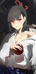 Rule 34 | 1girl, absurdres, alternate costume, apple, black hair, blue archive, food, fruit, halo, highres, holding, holding food, holding fruit, kji (rozo), looking at viewer, open collar, oversized clothes, oversized shirt, red eyes, reflection, rio (blue archive), shirt, single bare shoulder, solo, upper body, white shirt