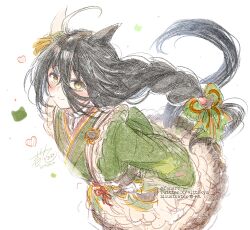 Rule 34 | 1girl, ahoge, animal ears, black hair, blush, bow, braid, closed mouth, green bow, green kimono, hair between eyes, hair bow, horse ears, horse girl, horse tail, ittokyu, japanese clothes, kimono, long hair, long sleeves, looking at viewer, manhattan cafe (umamusume), manhattan cafe (verdant night) (umamusume), signature, simple background, single braid, sketch, skirt, solo, tail, twitter username, umamusume, very long hair, white background, white skirt, wide sleeves, yellow eyes
