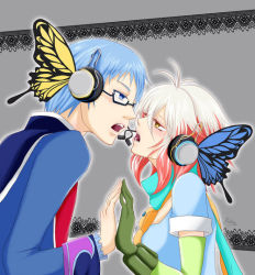 Rule 34 | 1boy, 1girl, blue shirt, butterfly wings, couple, face-to-face, headphones, hetero, hubert ozwell, imminent kiss, insect wings, magnet (vocaloid), parody, pascal (tales), shirt, tales of (series), tales of graces, vocaloid, wings