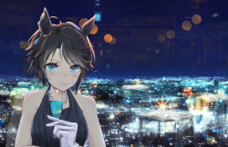 Rule 34 | 1girl, animal ears, aqua eyes, bare shoulders, black dress, black hair, blurry, blush, bokeh, champagne flute, city lights, closed mouth, commentary request, cup, depth of field, dolbydig, dress, drinking glass, fuji kiseki (umamusume), glint, gloves, halterneck, horse ears, jewelry, lips, looking at viewer, necklace, night, short hair, sleeveless, sleeveless dress, smile, solo, umamusume, upper body, white gloves, window