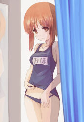 Rule 34 | 1girl, blue one-piece swimsuit, blurry, blurry foreground, brown eyes, brown hair, changing room, closed mouth, clothes lift, commentary, cowboy shot, curtains, depth of field, girls und panzer, looking at viewer, midriff peek, name tag, navel, nishizumi miho, old school swimsuit, one-piece swimsuit, school swimsuit, short hair, smile, solo, standing, swimsuit, swimsuit lift, translated, yurikuta tsukumi