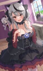 Rule 34 | 1girl, absurdres, animal ears, bare shoulders, breasts, cat ears, cleavage, grey hair, highres, hololive, large breasts, long hair, looking at viewer, medium breasts, murasaki shion, open mouth, red eyes, sakamata chloe, smile, solo, virtual youtuber, yellow eyes, yoppy paint