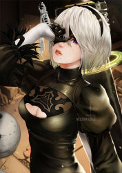 Rule 34 | 1girl, 2b (nier:automata), black blindfold, black dress, black gloves, black hairband, blindfold, blindfold lift, breasts, cleavage, cleavage cutout, clothing cutout, commentary, commission, dress, english commentary, feather-trimmed sleeves, floating sword, floating weapon, gloves, hairband, huge weapon, juliet sleeves, lips, long sleeves, looking at viewer, medium breasts, mole, mole under mouth, moon mirage, nier:automata, nier (series), nose, one eye covered, puffy sleeves, purple eyes, short hair, silver hair, solo, sword, sword behind back, turtleneck, turtleneck dress, vambraces, virtuous contract, virtuous treaty, weapon