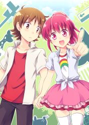 Rule 34 | 1boy, 1girl, aino megumi, brown eyes, brown hair, couple, happinesscharge precure!, hetero, highres, holding hands, kousetsu, looking at another, looking to the side, open mouth, pink eyes, pointing, pointing at viewer, ponytail, precure, sagara seiji, shirt, short hair, short sleeves, skirt, smile, thighhighs, tied shirt