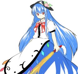 Rule 34 | 1girl, blue hair, blush, collared shirt, dress, food, food on head, fruit, fruit on head, ganmaganmo, hand on own hip, hat, hinanawi tenshi, layered dress, long hair, looking at viewer, object on head, peach, red eyes, shirt, simple background, smile, solo, sword of hisou, touhou, tsurime, very long hair
