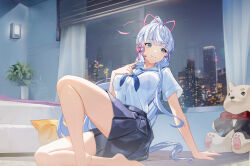 Rule 34 | 1girl, absurdres, ayaka (genshin impact), barefoot, blue eyes, blue neckerchief, blue skirt, blunt bangs, blunt tresses, breasts, chinese commentary, cityscape, closed mouth, commentary request, curtains, facing viewer, genshin impact, grey hair, hair ornament, hand on own chest, high ponytail, highres, index finger raised, indoors, knee up, large breasts, long hair, looking to the side, neckerchief, night, paid reward available, pillow, pleated skirt, ponytail, school uniform, serafuku, shirt, shirt tucked in, short sleeves, sitting, skirt, smile, solo, stuffed animal, stuffed toy, tassel, tassel hair ornament, teddy bear, tianzekongming, very long hair, white shirt