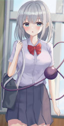 Rule 34 | 1girl, absurdres, aohane, bag, black skirt, blouse, blue eyes, blurry, blurry background, blush, bow, bowtie, breasts, collared shirt, cowboy shot, depth of field, dress shirt, highres, komeiji koishi, looking at viewer, medium breasts, parted lips, pleated skirt, red bow, school bag, school uniform, shirt, short sleeves, shoulder bag, skirt, solo, touhou, white shirt